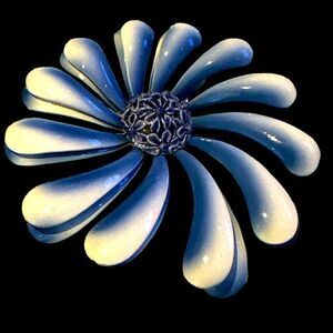 Huge 3” x 3” mid century white blue enamel flower pin